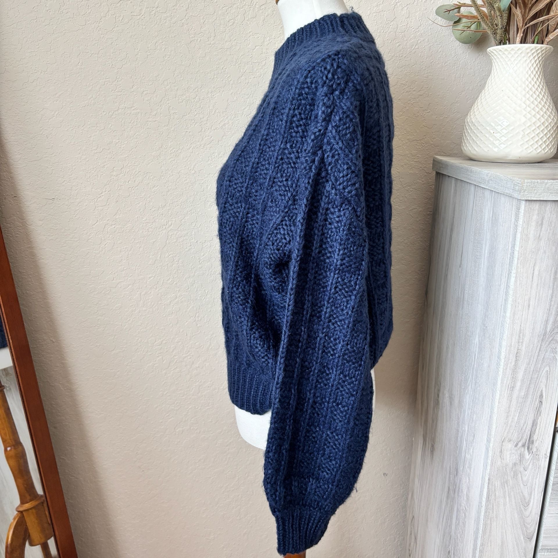 FRNCH Paris Navy Blue Chunky Cable Knit Mock Neck Fisherman Womens Sweater S 3