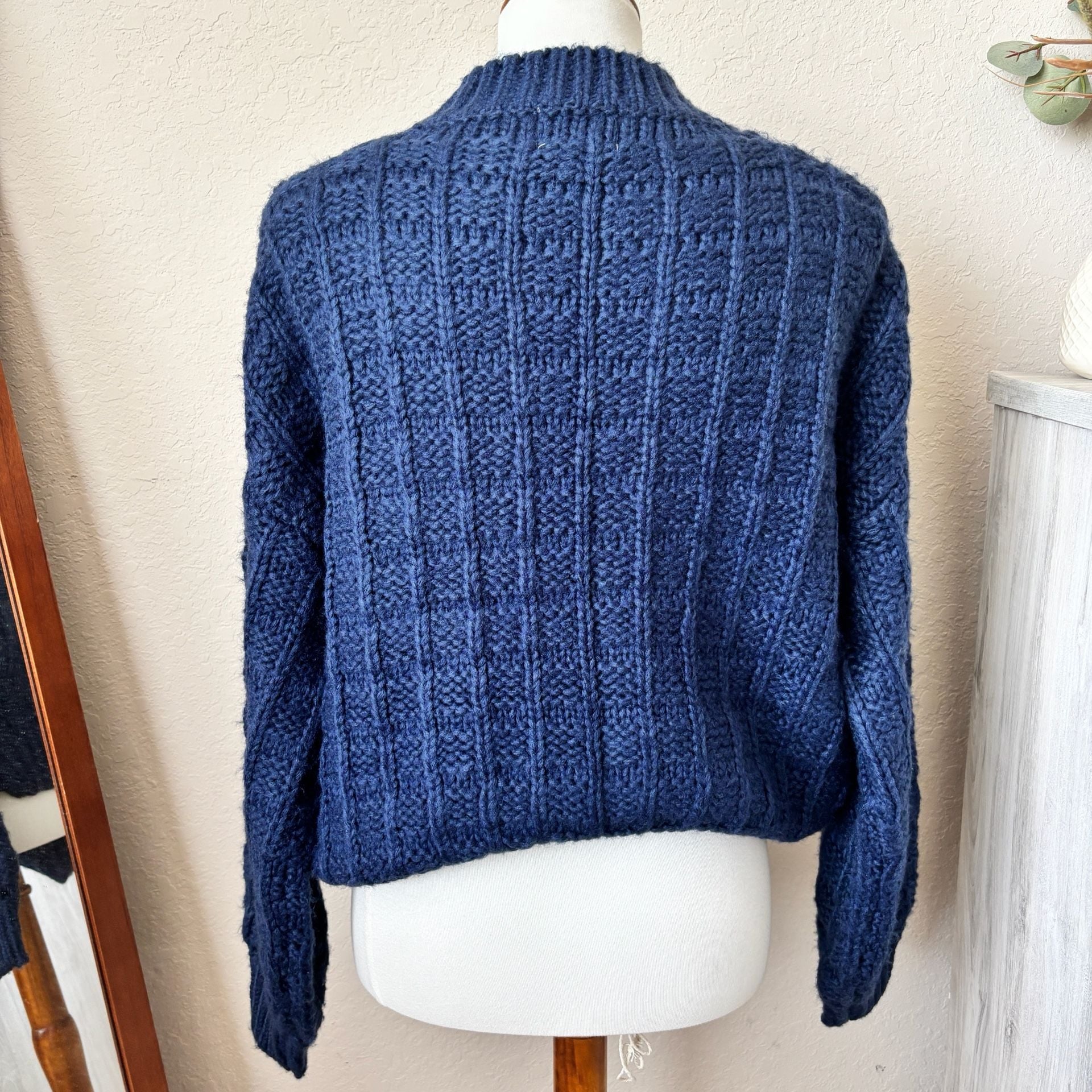 FRNCH Paris Navy Blue Chunky Cable Knit Mock Neck Fisherman Womens Sweater S 4