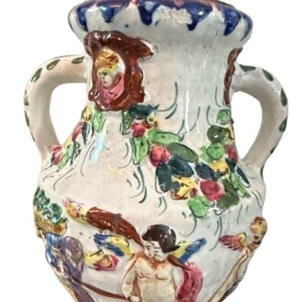 Vintage Italian Majolica Hand-Painted Cherub Vase