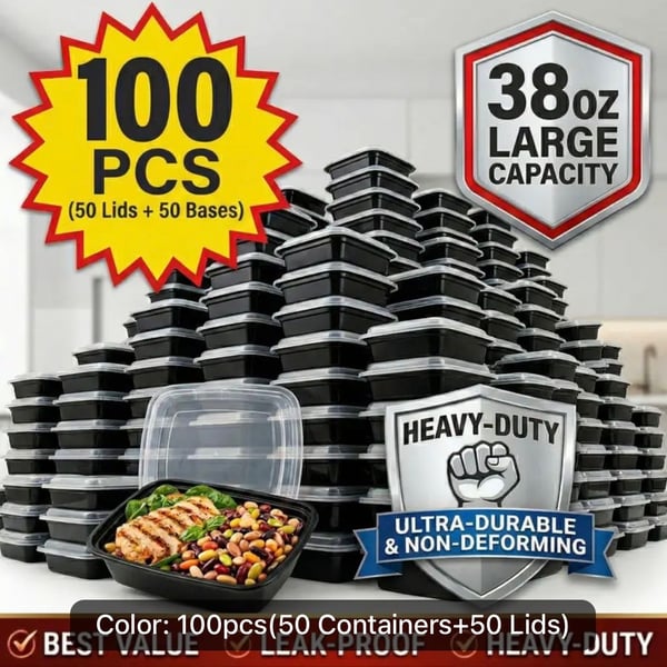 100pcs 38oz Black Rectangular Meal Prep Containers Food Storage 50 bowls/50 lid
