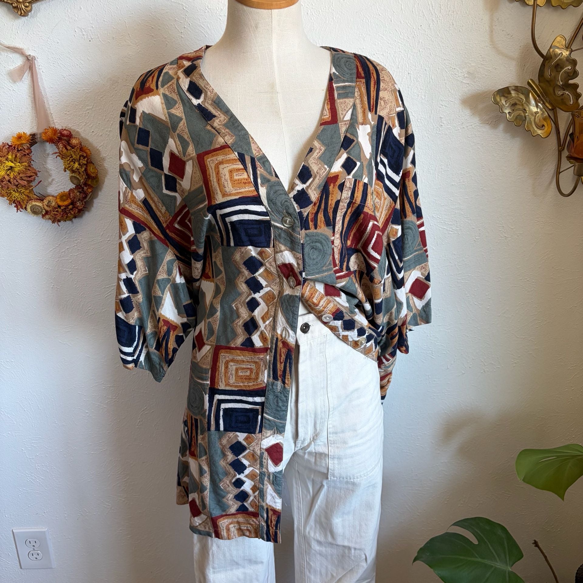 Vintage Plus Size Geometric Print Button-Up Top 2X 2