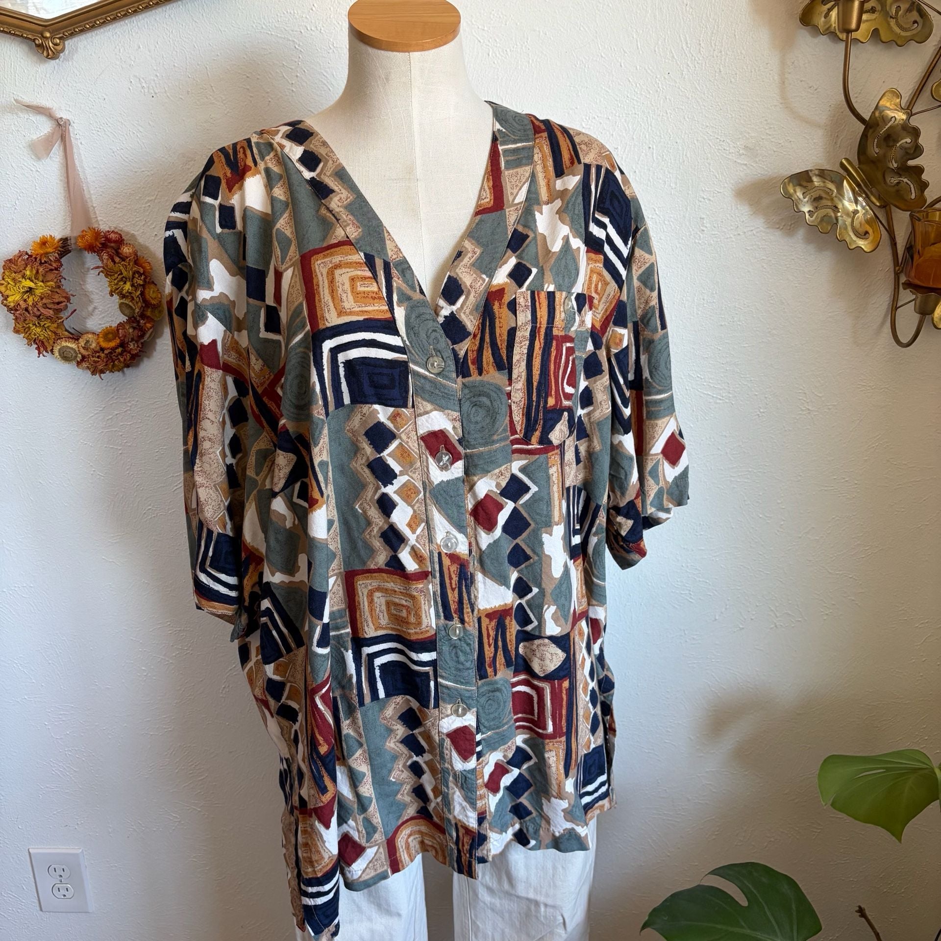 Vintage Plus Size Geometric Print Button-Up Top 2X 3