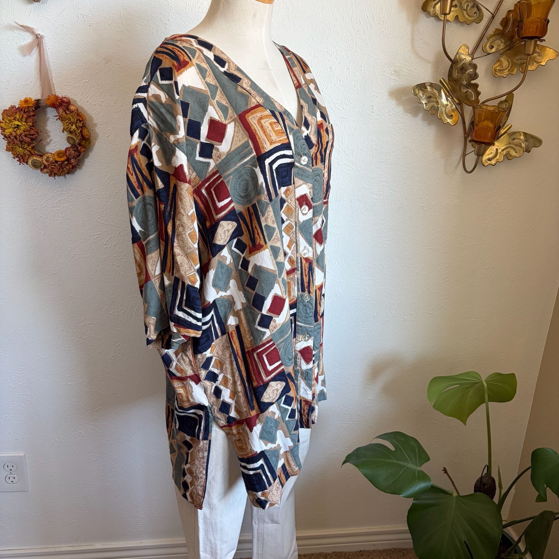 Vintage Plus Size Geometric Print Button-Up Top 2X 5