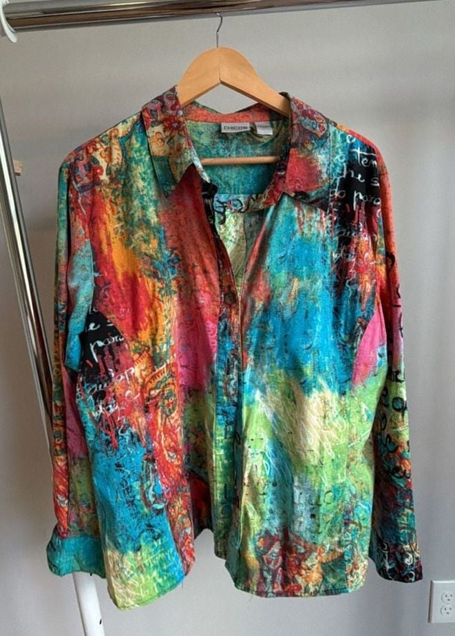 Chico's Multi-Color Abstract Script Print Cotton Long Sleeve Button-Up Shirt Size 3 2
