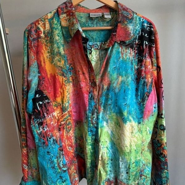 Chico's Multi-Color Abstract Script Print Cotton Long Sleeve Button-Up Shirt Size 3