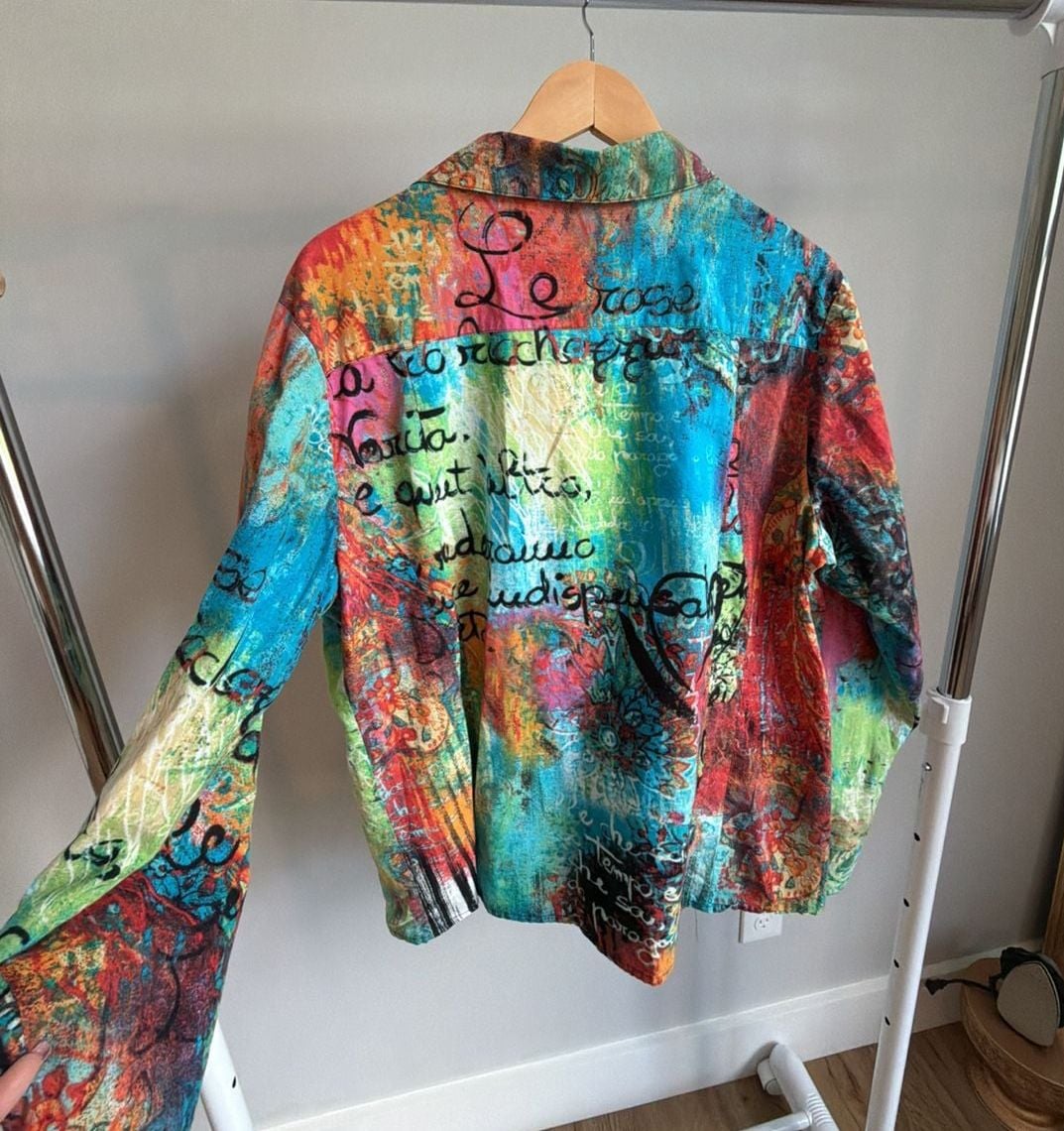 Chico's Multi-Color Abstract Script Print Cotton Long Sleeve Button-Up Shirt Size 3 4