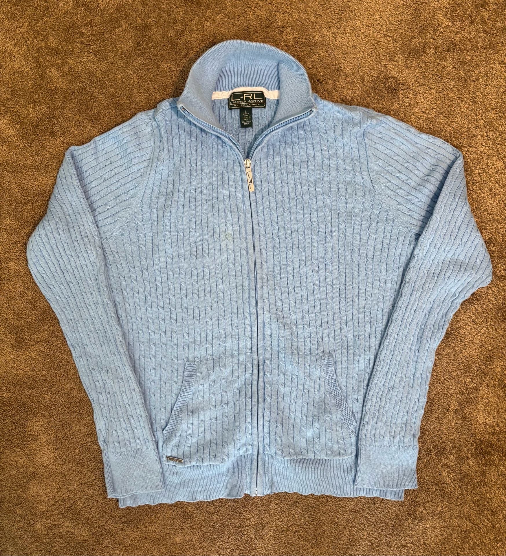 Lauren Active Ralph Lauren Cable Knit Sweater Womens L Blue Full Zip Mock Neck 2