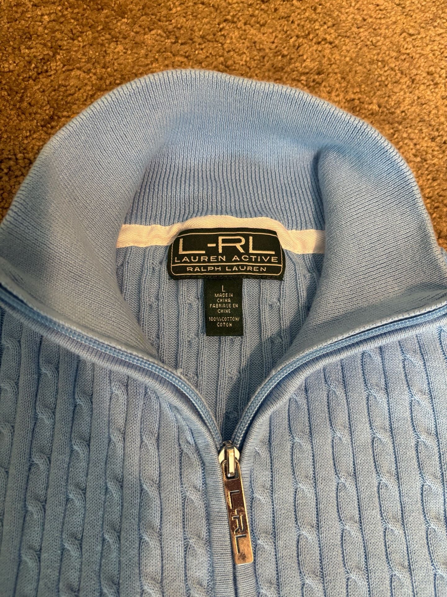 Lauren Active Ralph Lauren Cable Knit Sweater Womens L Blue Full Zip Mock Neck 3