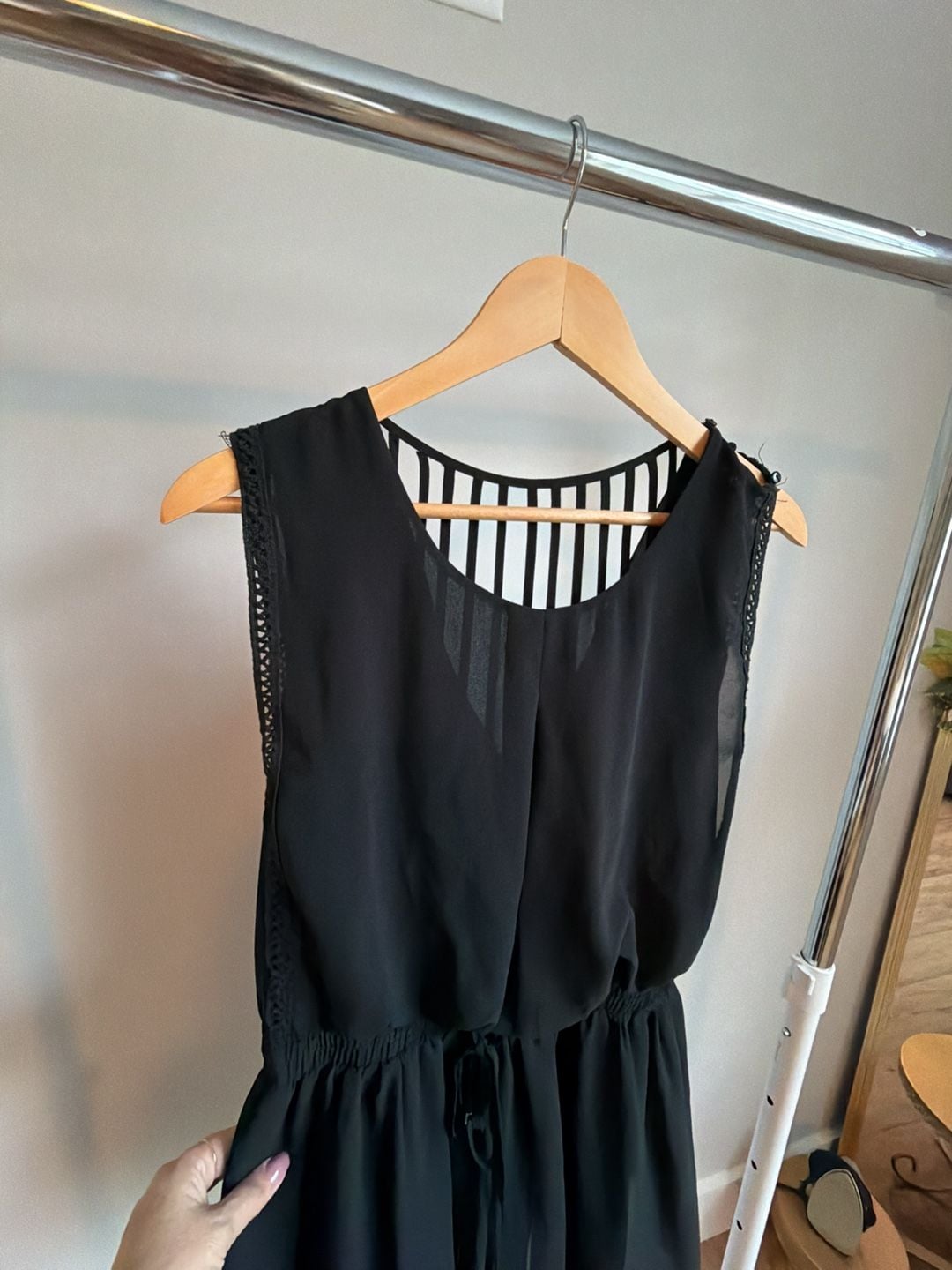 HYFVE Black Chiffon Romper With Striped Open Back 5