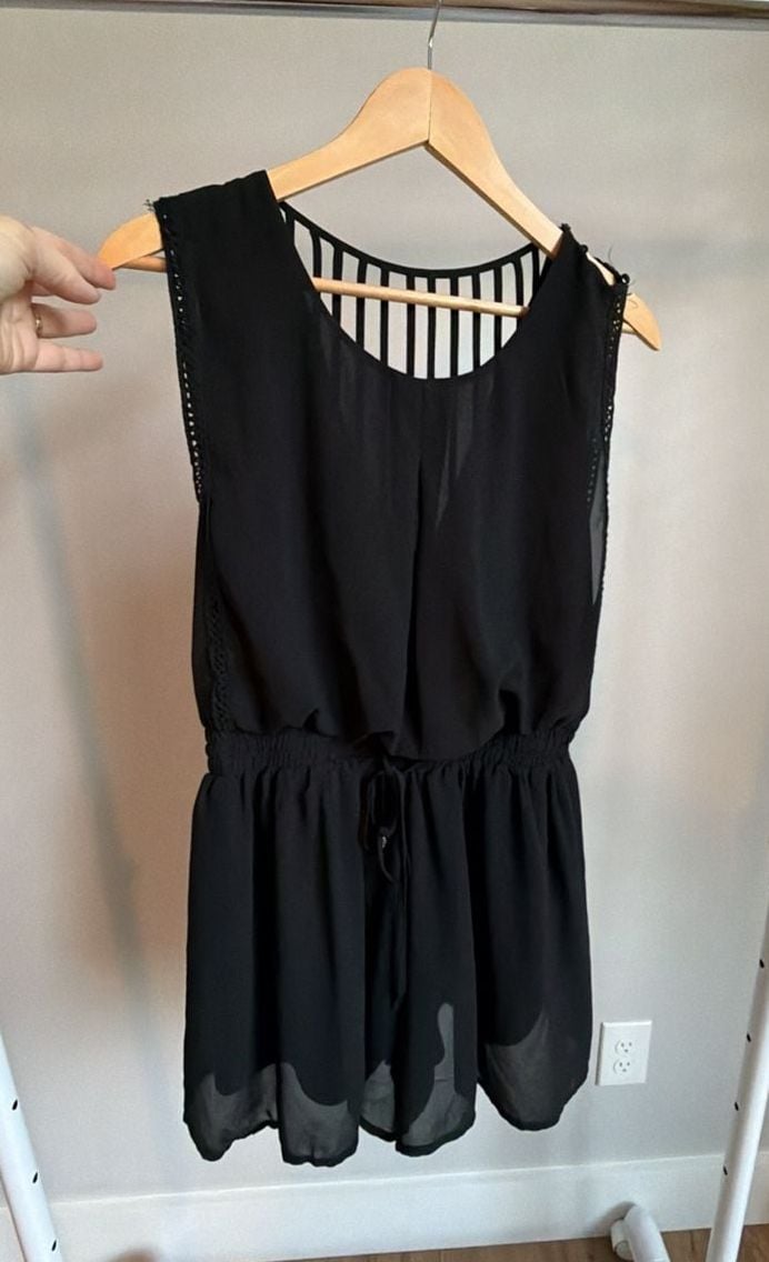 HYFVE Black Chiffon Romper With Striped Open Back 2