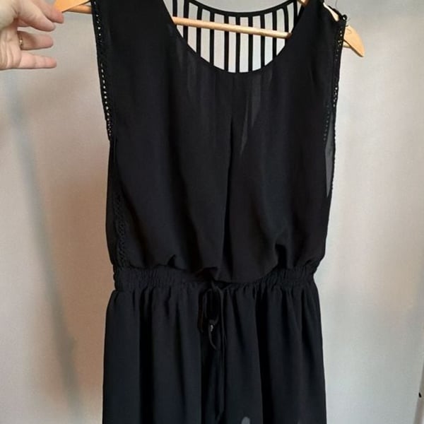 HYFVE Black Chiffon Romper With Striped Open Back