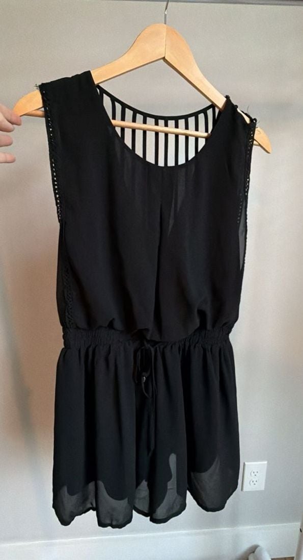 HYFVE Black Chiffon Romper With Striped Open Back 3