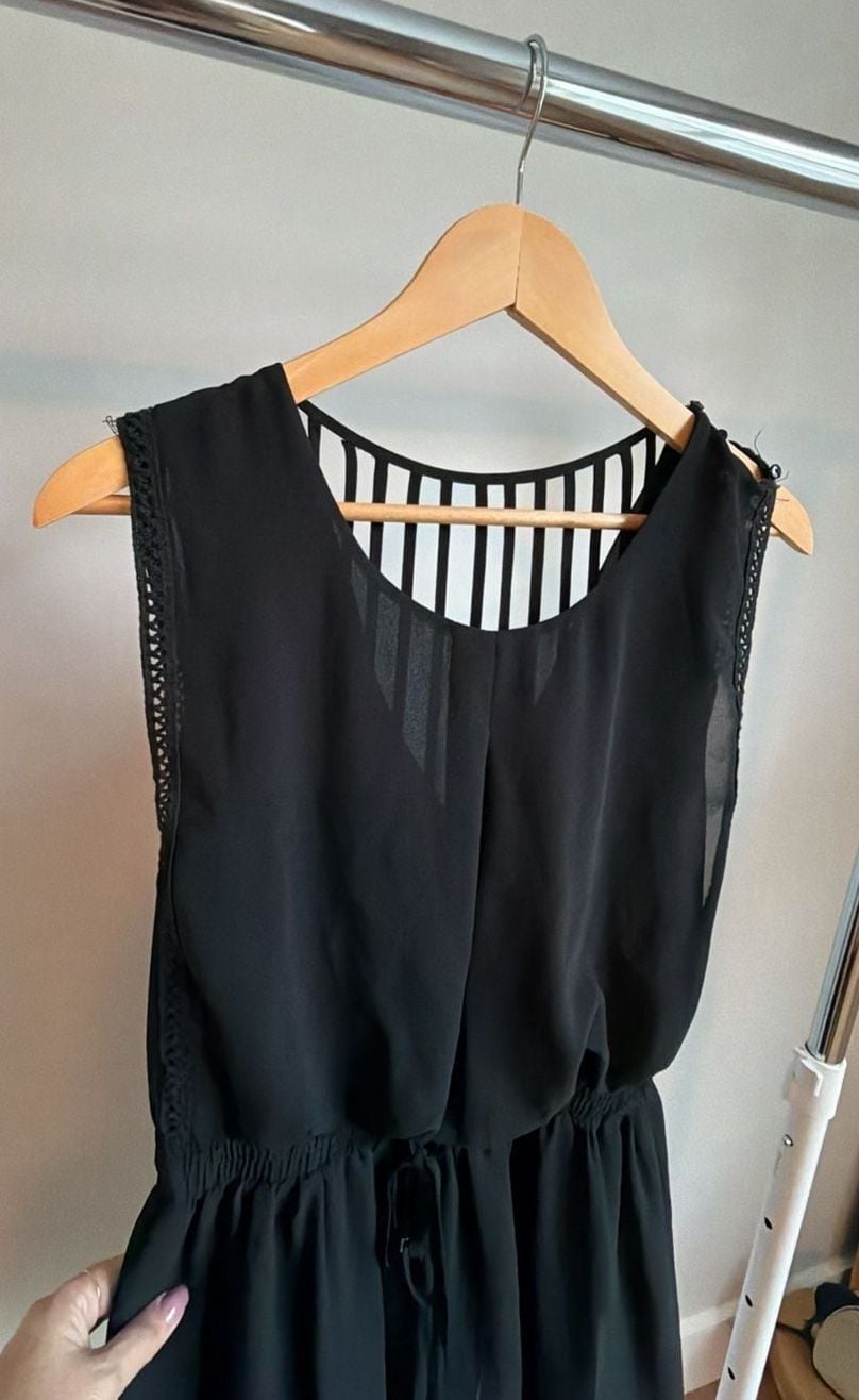HYFVE Black Chiffon Romper With Striped Open Back 8