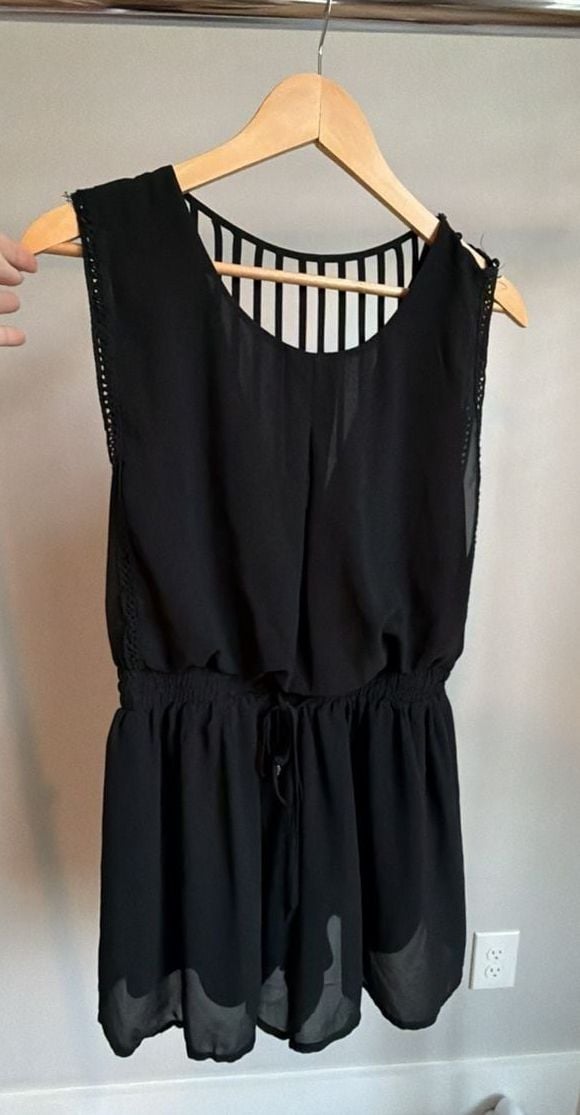 HYFVE Black Chiffon Romper With Striped Open Back 7