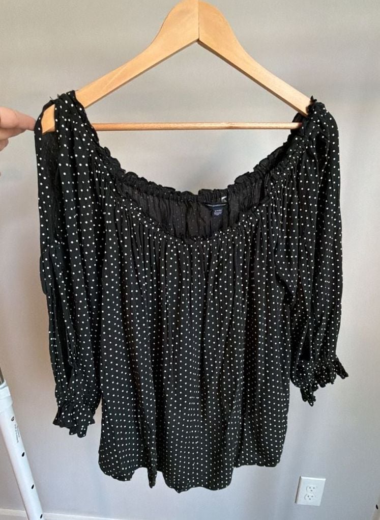 American Eagle Black Polka Dot Off-The-Shoulder Split Sleeve Blouse 2
