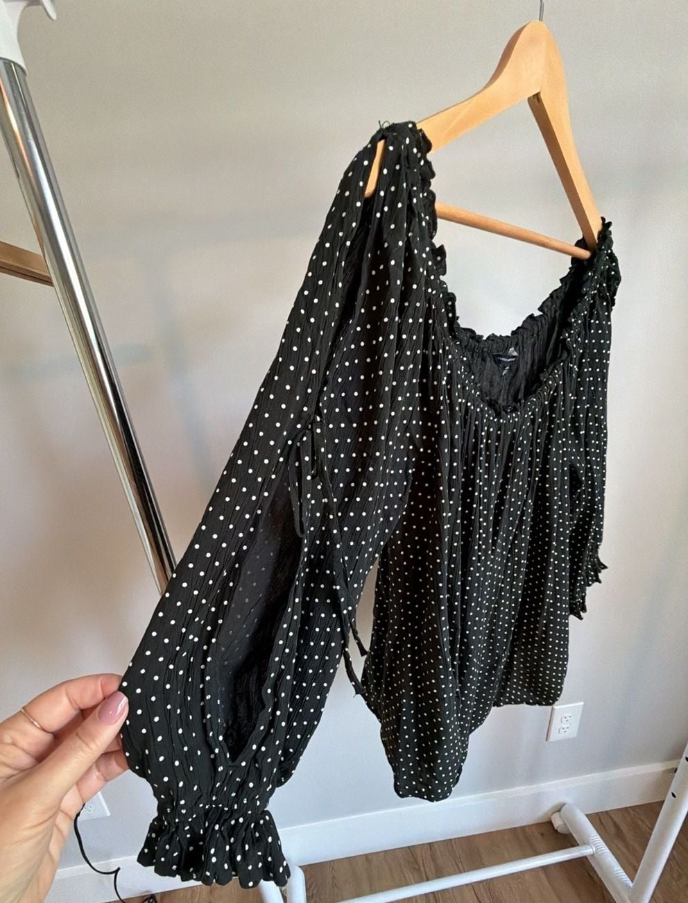 American Eagle Black Polka Dot Off-The-Shoulder Split Sleeve Blouse 3