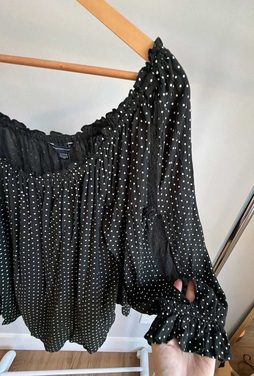 American Eagle Black Polka Dot Off-The-Shoulder Split Sleeve Blouse 5