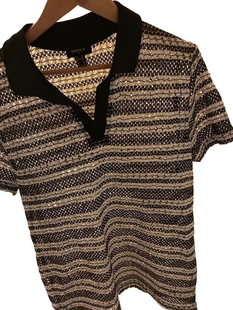 Forever 21 Men Geo Striped Crochet Knit Polo Shirt Size M 2
