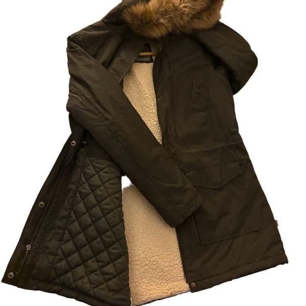 Levi's Olive Green Sherpa Lined Hooded Parka Jacket with Faux Fur Trim Size M