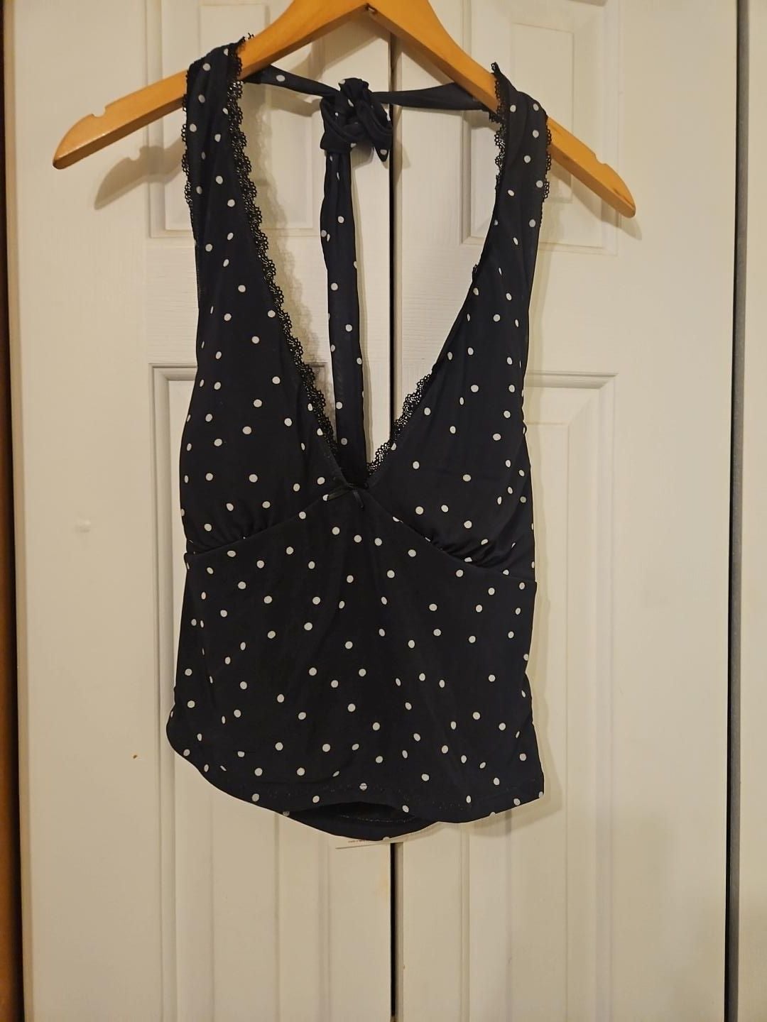 Pink Rose Black and White Polka Dot Halter Top with Lace Trim and Removable Bra Cups 3