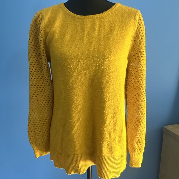 LOFT Mustard Yellow Long Sleeve Textured Knit Sweater with Open Weave Sleeve Details