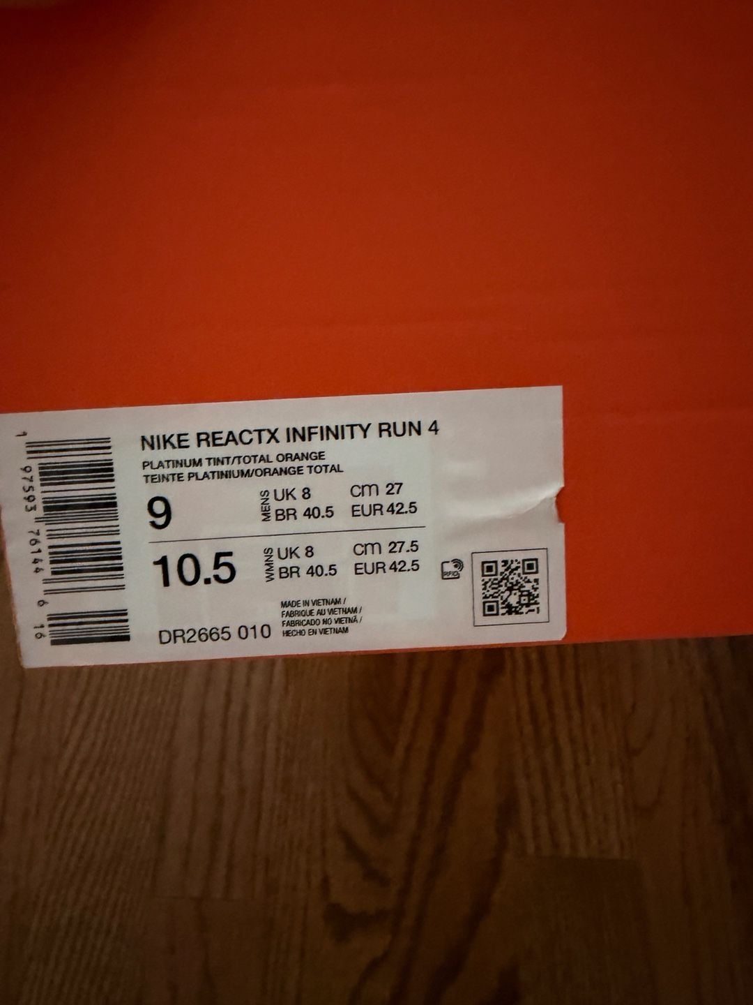 Nike ReactX Infinity Run 4 Platinum Tint Total Orange DR2665-010 Men's Size 9 / Women's 10.5 3