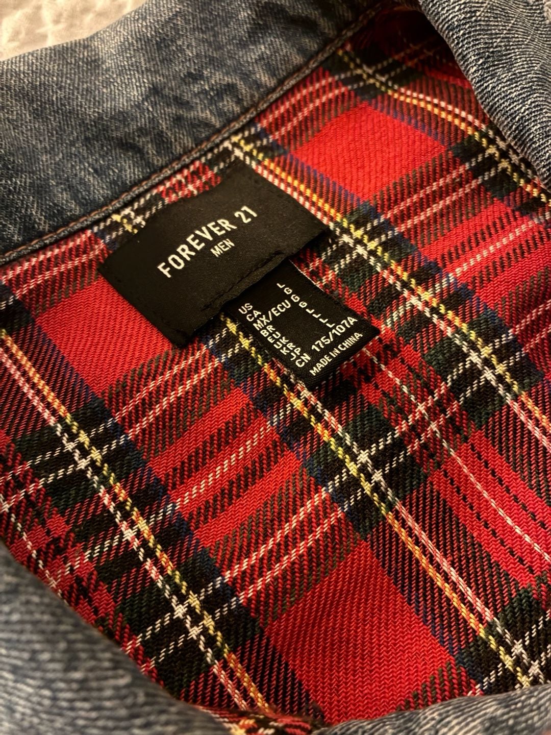 Forever 21 Men Red Flannel Lined Distressed Denim Jacket 3