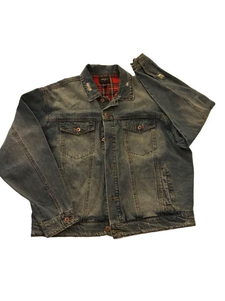 Forever 21 Men Red Flannel Lined Distressed Denim Jacket 2
