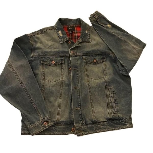 Forever 21 Men Red Flannel Lined Distressed Denim Jacket