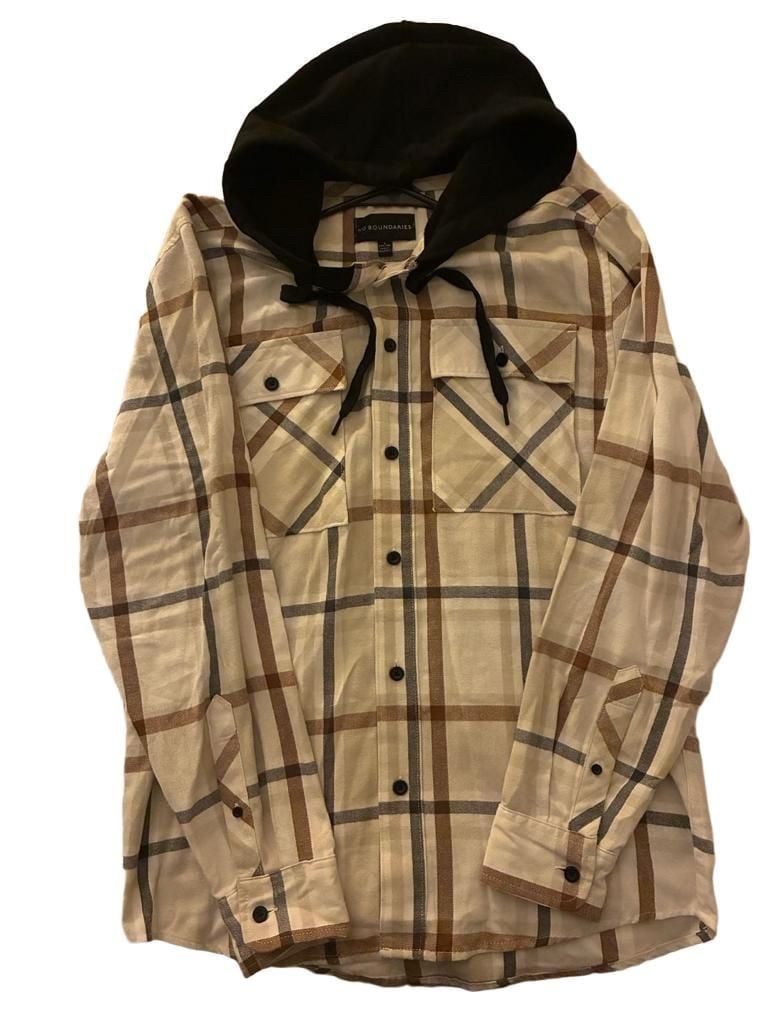 No Boundaries Men's Long Sleeve Hooded Plannel Shirt Shacket Cream Brown Plaid Size S 3