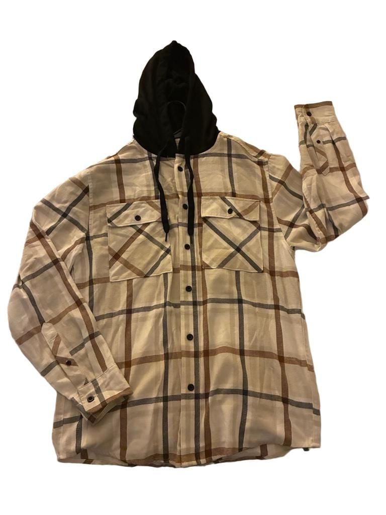 No Boundaries Men's Long Sleeve Hooded Plannel Shirt Shacket Cream Brown Plaid Size S 2