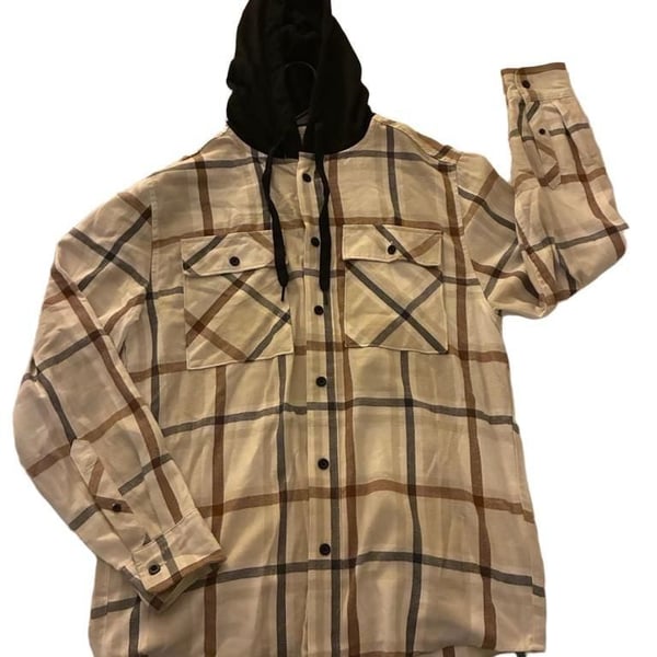 No Boundaries Men's Long Sleeve Hooded Plannel Shirt Shacket Cream Brown Plaid Size S
