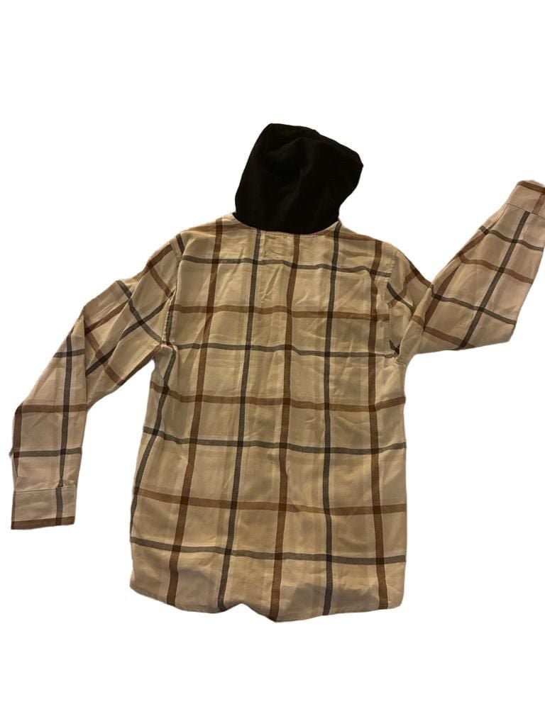 No Boundaries Men's Long Sleeve Hooded Plannel Shirt Shacket Cream Brown Plaid Size S 4