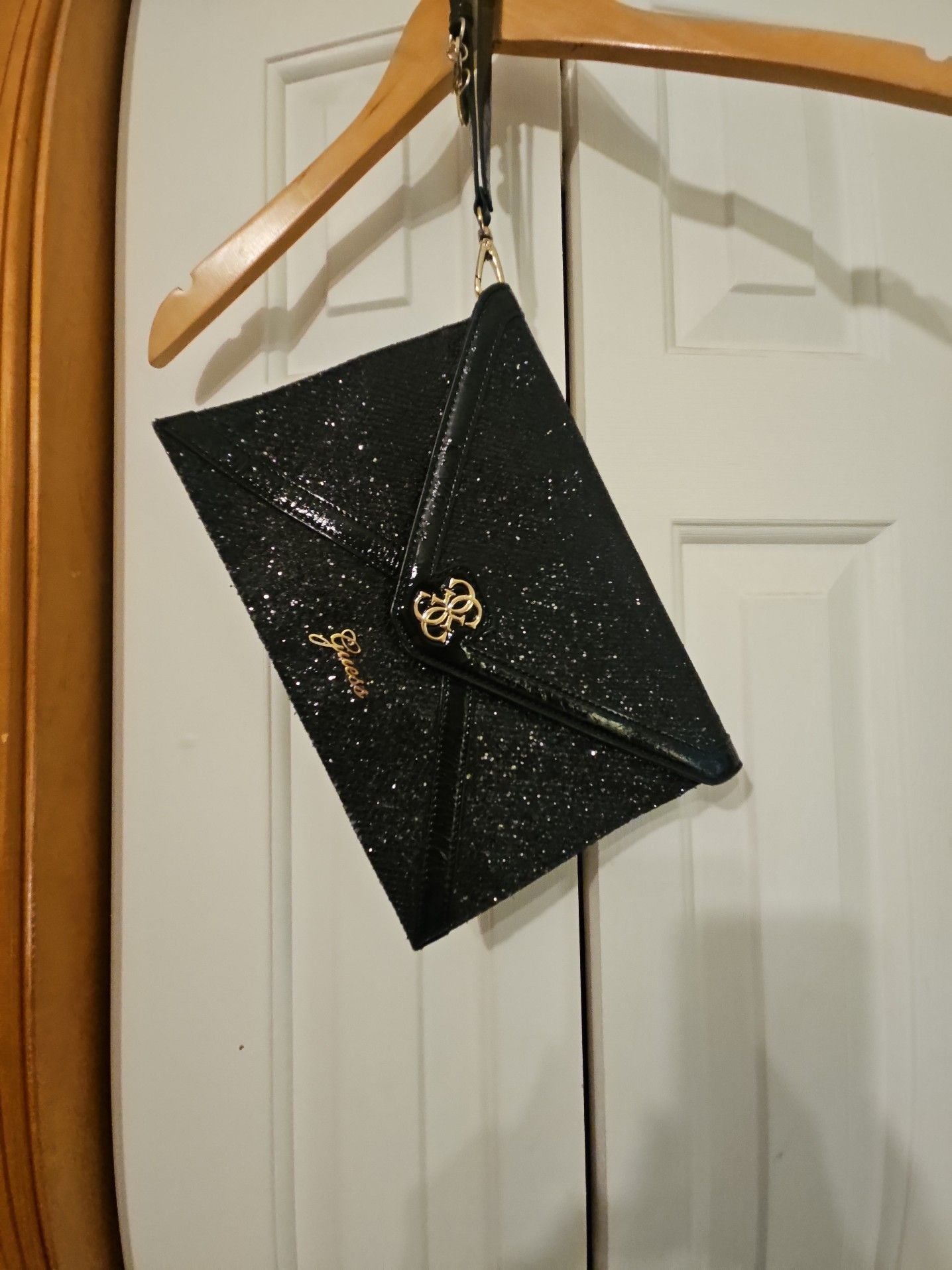 Guess Black Glitter Envelope Clutch Bag with Heart Charm 3