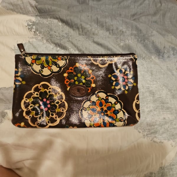 Fossil Key-Per Brown Multicolor Floral Coated Canvas Cosmetic Pouch Wristlet