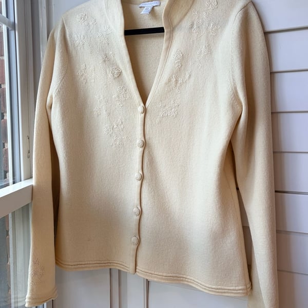 Charter Club Ivory Wool Floral Embroidered Cardigan Sweater