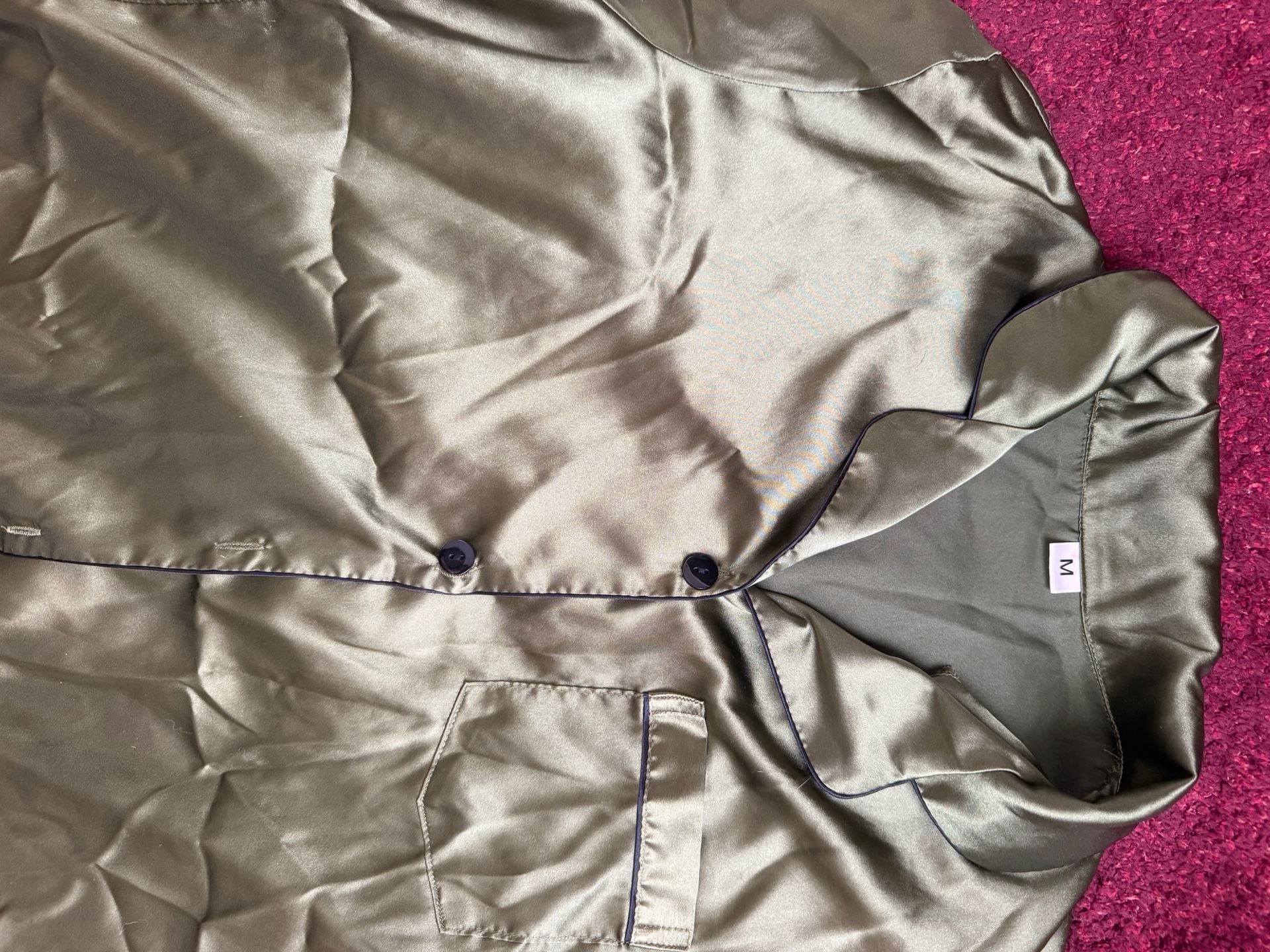 Satin PJ Set Short Sleeve Button Down Top with Long Pants Medium olive black 2