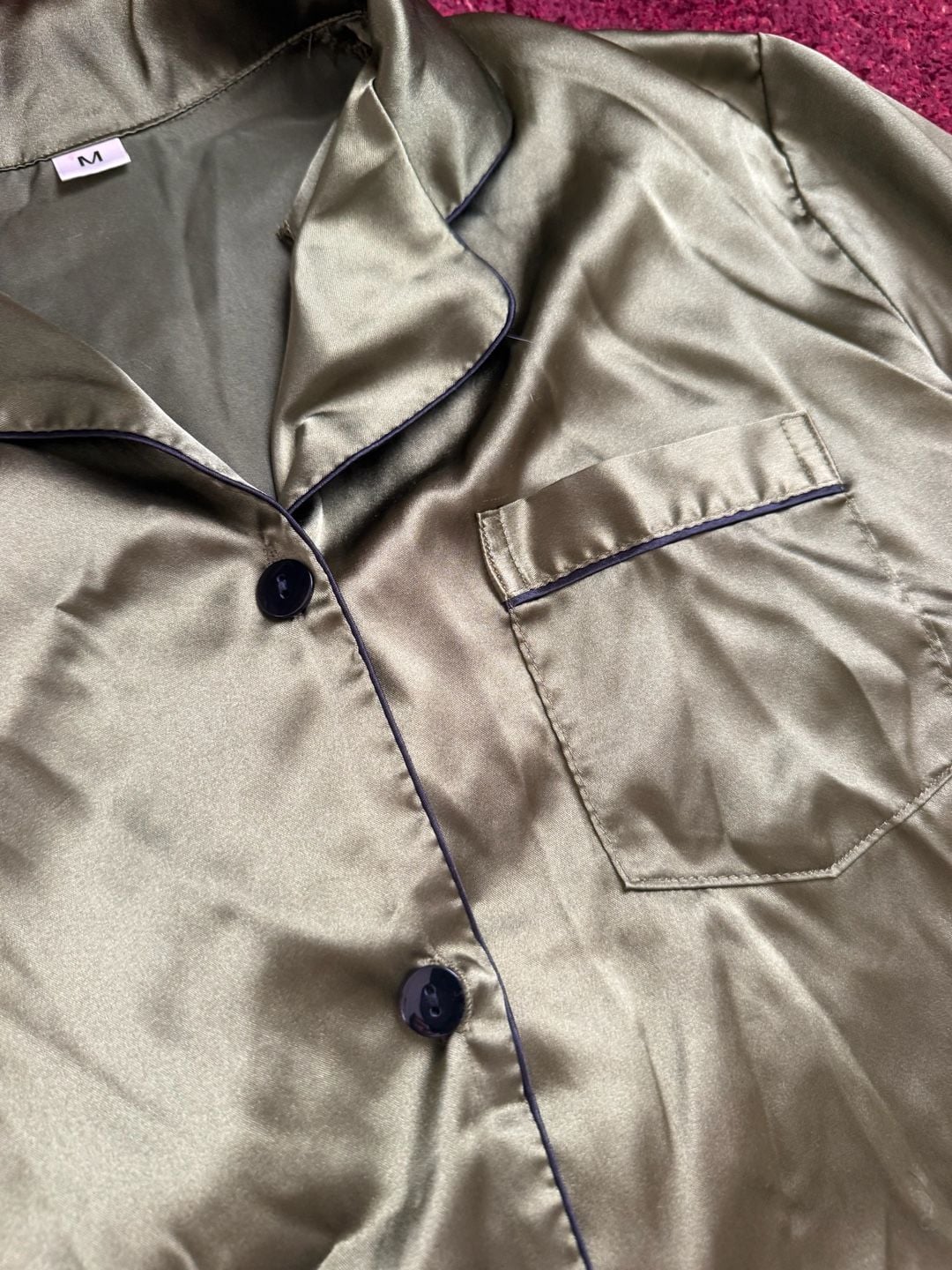 Satin PJ Set Short Sleeve Button Down Top with Long Pants Medium olive black 3