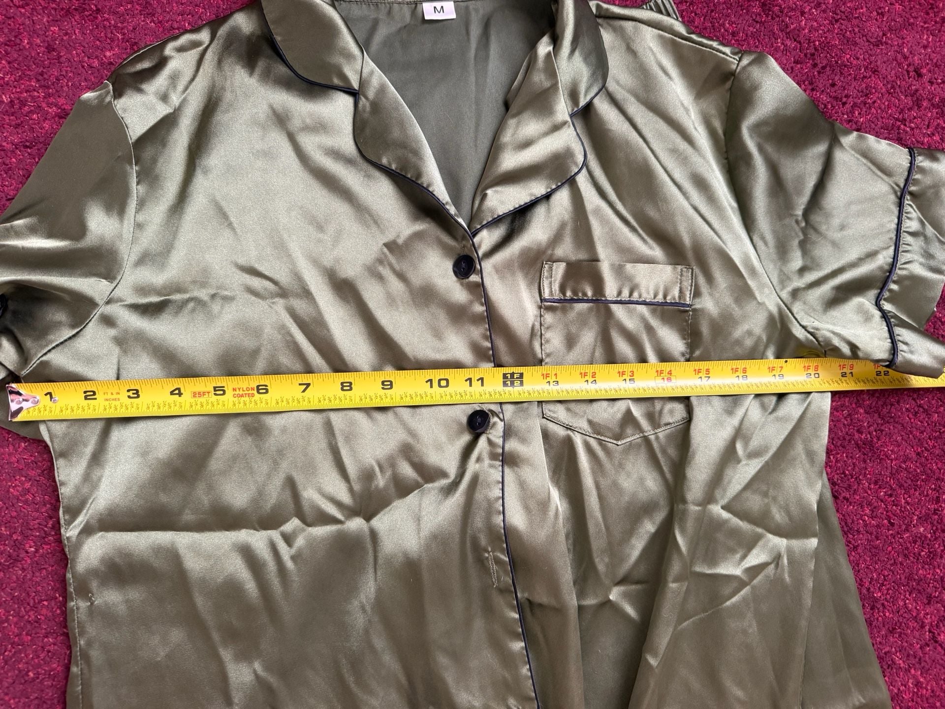 Satin PJ Set Short Sleeve Button Down Top with Long Pants Medium olive black 4