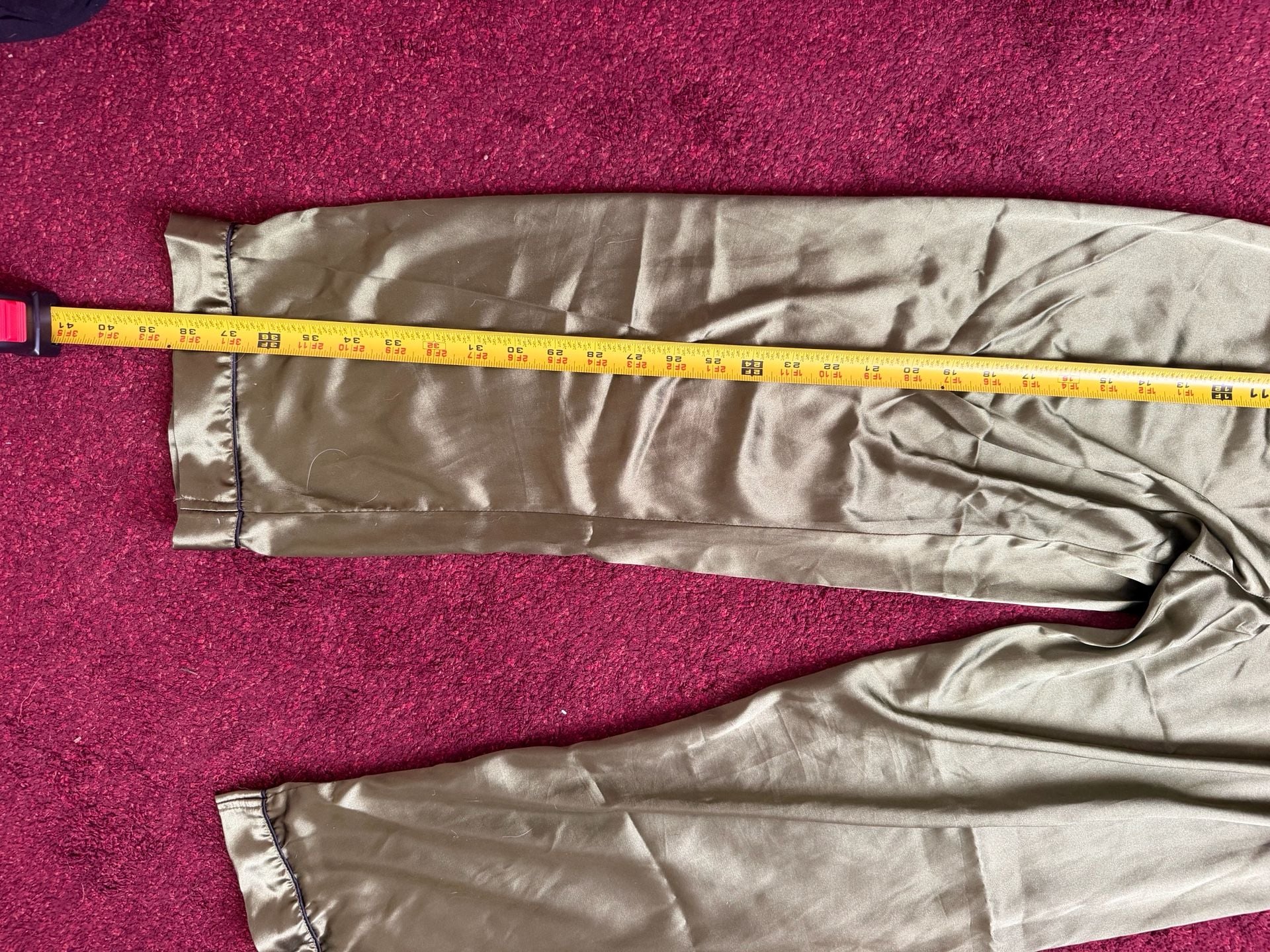 Satin PJ Set Short Sleeve Button Down Top with Long Pants Medium olive black 6
