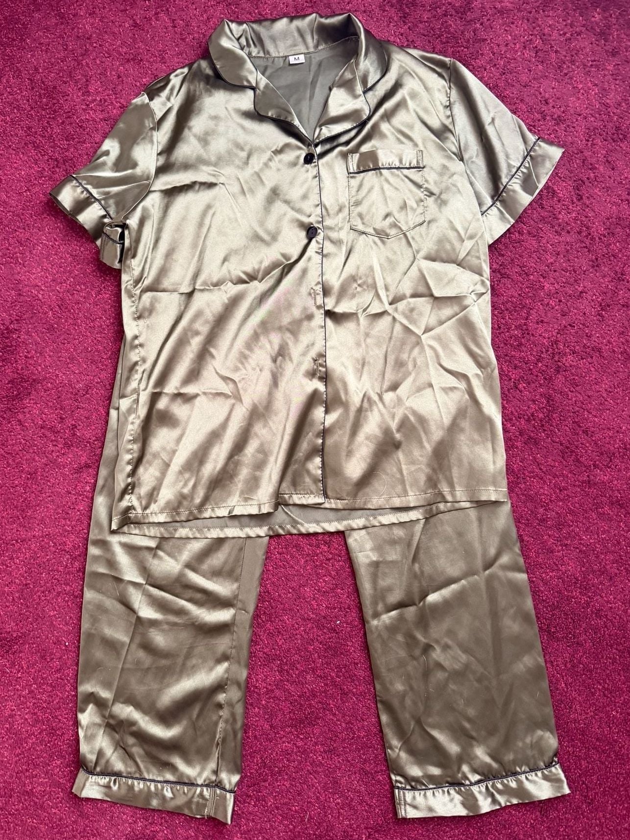 Satin PJ Set Short Sleeve Button Down Top with Long Pants Medium olive black 1