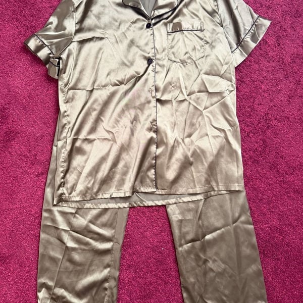 Satin PJ Set Short Sleeve Button Down Top with Long Pants Medium olive black 