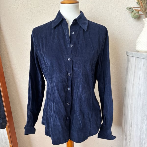 Facconable Women's Navy Blue Corduroy Long Sleeve Button-Up Shirt, Size M.