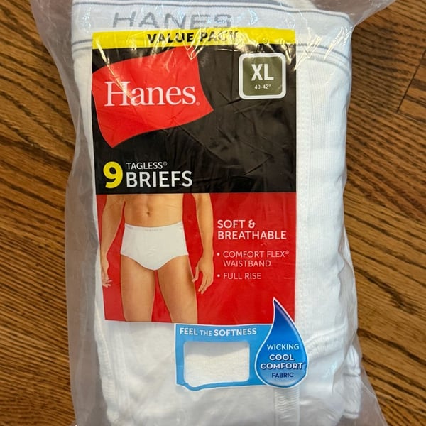 Hanes Men's XL 40-42" Tagless White Briefs Value Pack 9 Pairs