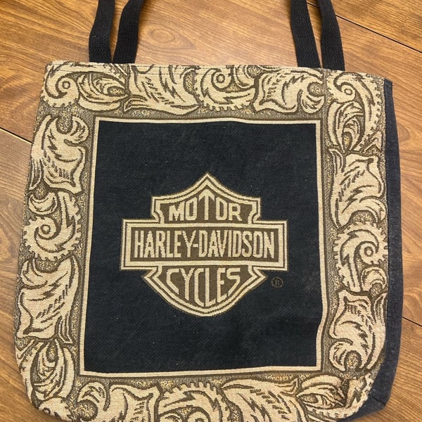 Harley-Davidson Black Canvas Tote Bag Woven Tapestry  Bar & Shield Logo
