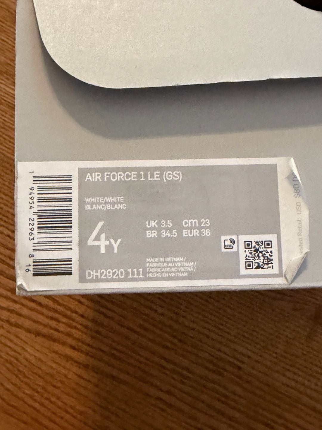 Nike Air Force 1 LE GS White Triple White DH2920-111 Size 4Y 4