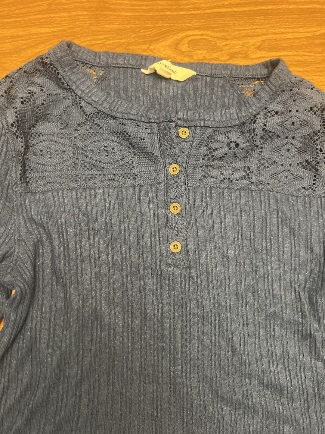 Lucky Brand Women's Blue Ribbed Long Sleeve Lace Mix Henley Shirt 4