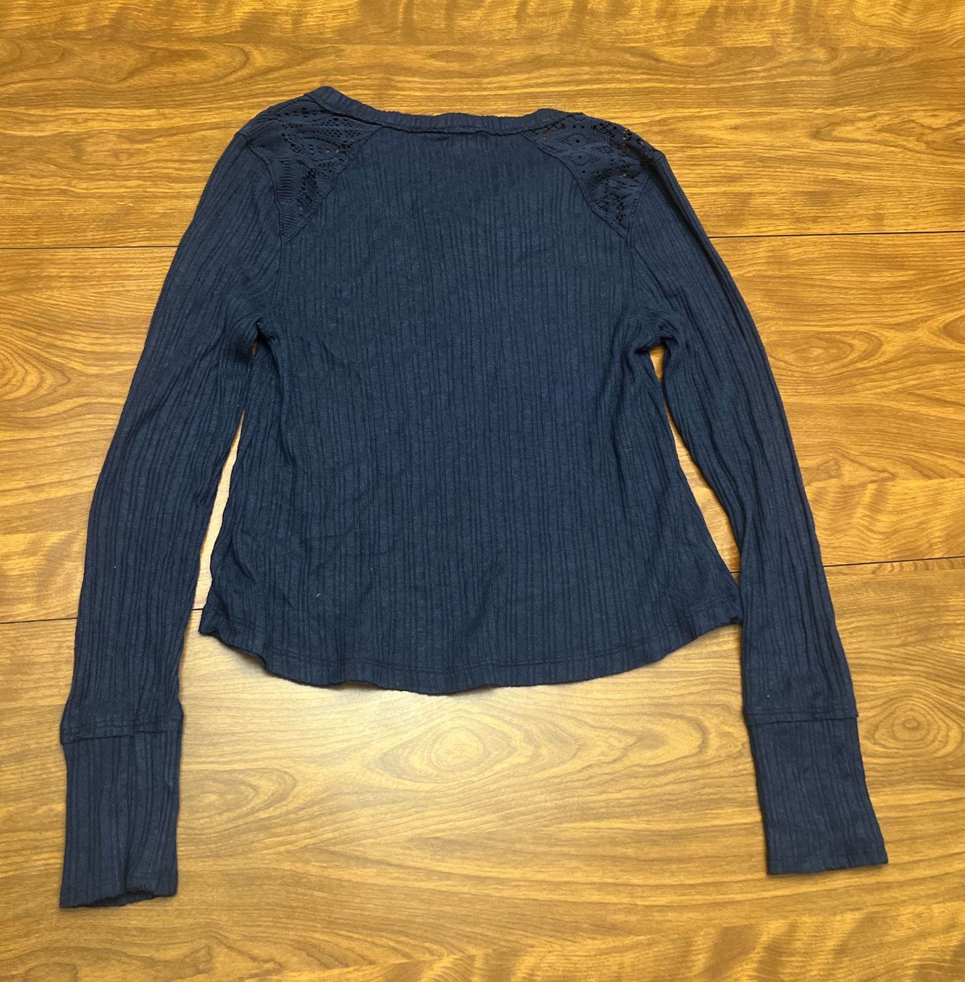 Lucky Brand Women's Blue Ribbed Long Sleeve Lace Mix Henley Shirt 5