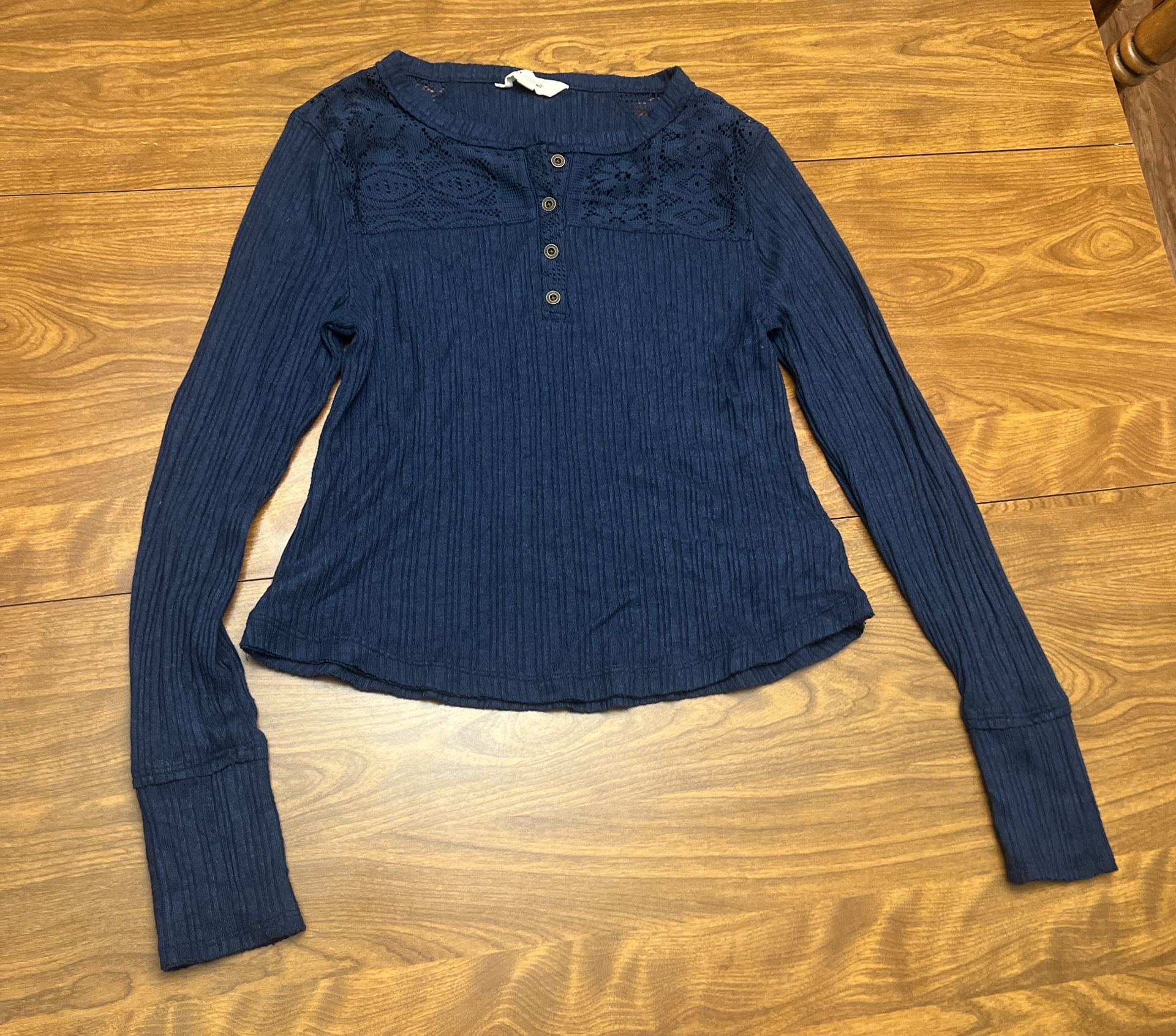 Lucky Brand Women's Blue Ribbed Long Sleeve Lace Mix Henley Shirt 2