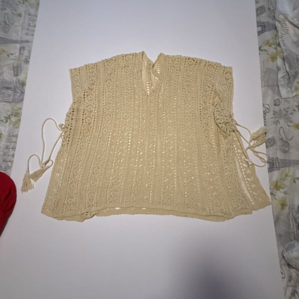 Womens Crochet Swim Cover Up V-Neck Sleeveless Beige Tunic